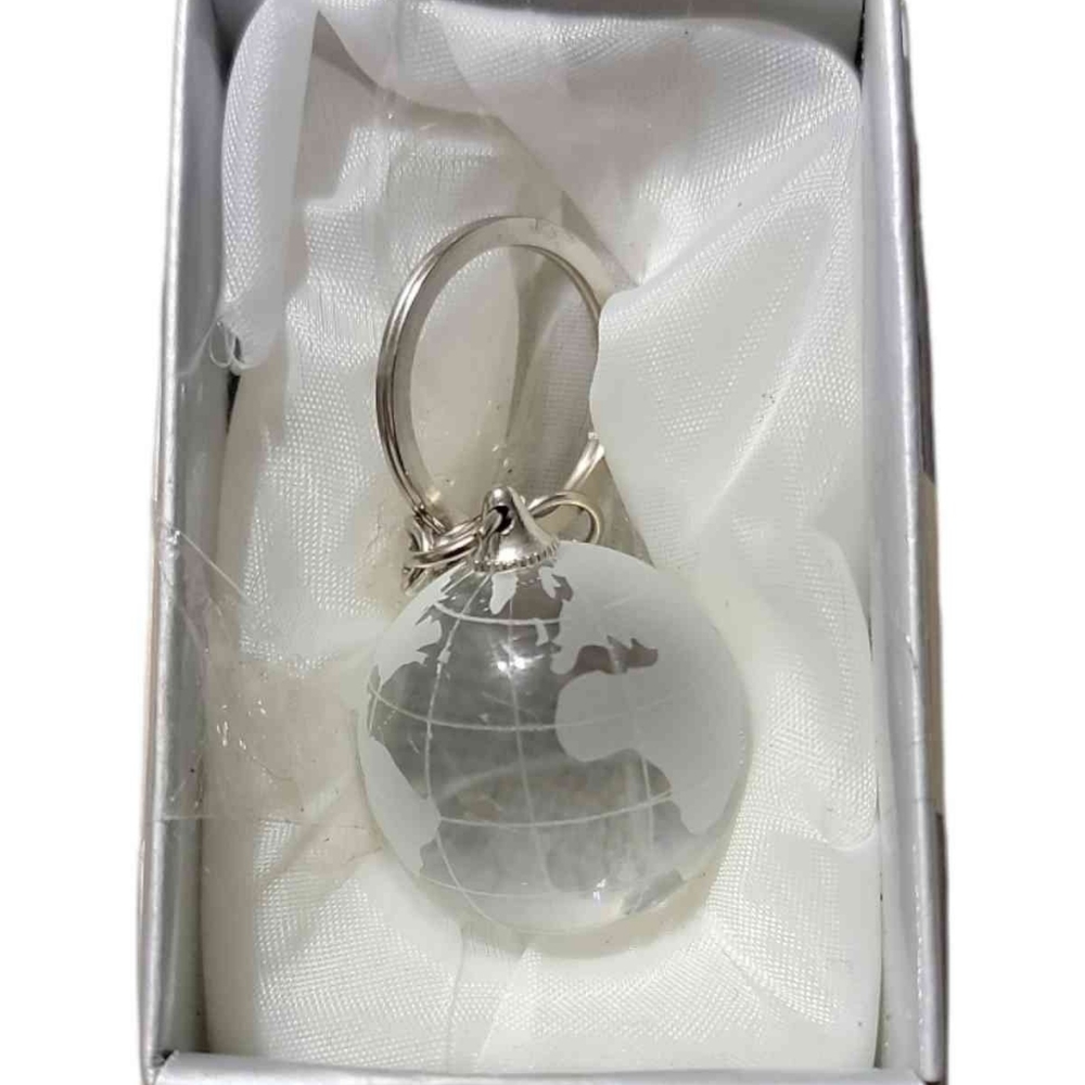 Etched Crystal Globe Key Chain Ring Keyring Keychain, New Open Box